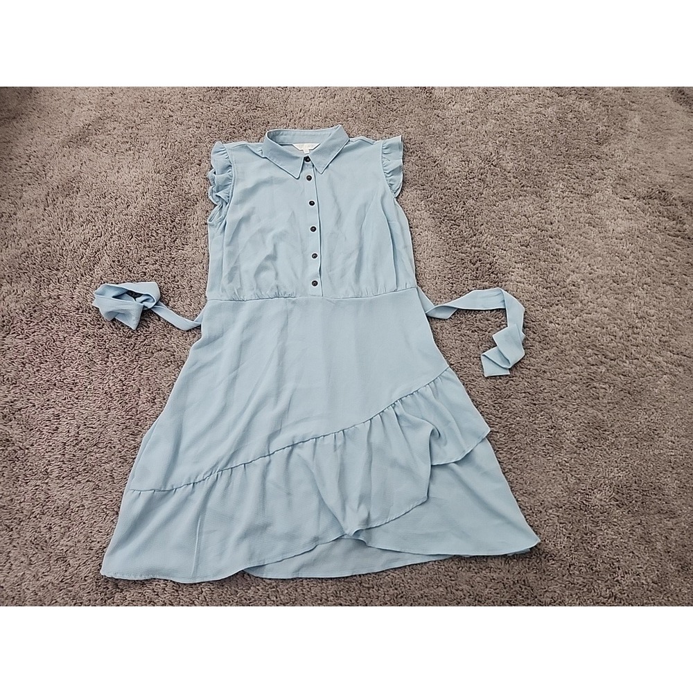 Riley & James Ruffle Sleeve Tie Waist Dress Women L Light Blue Collared Button